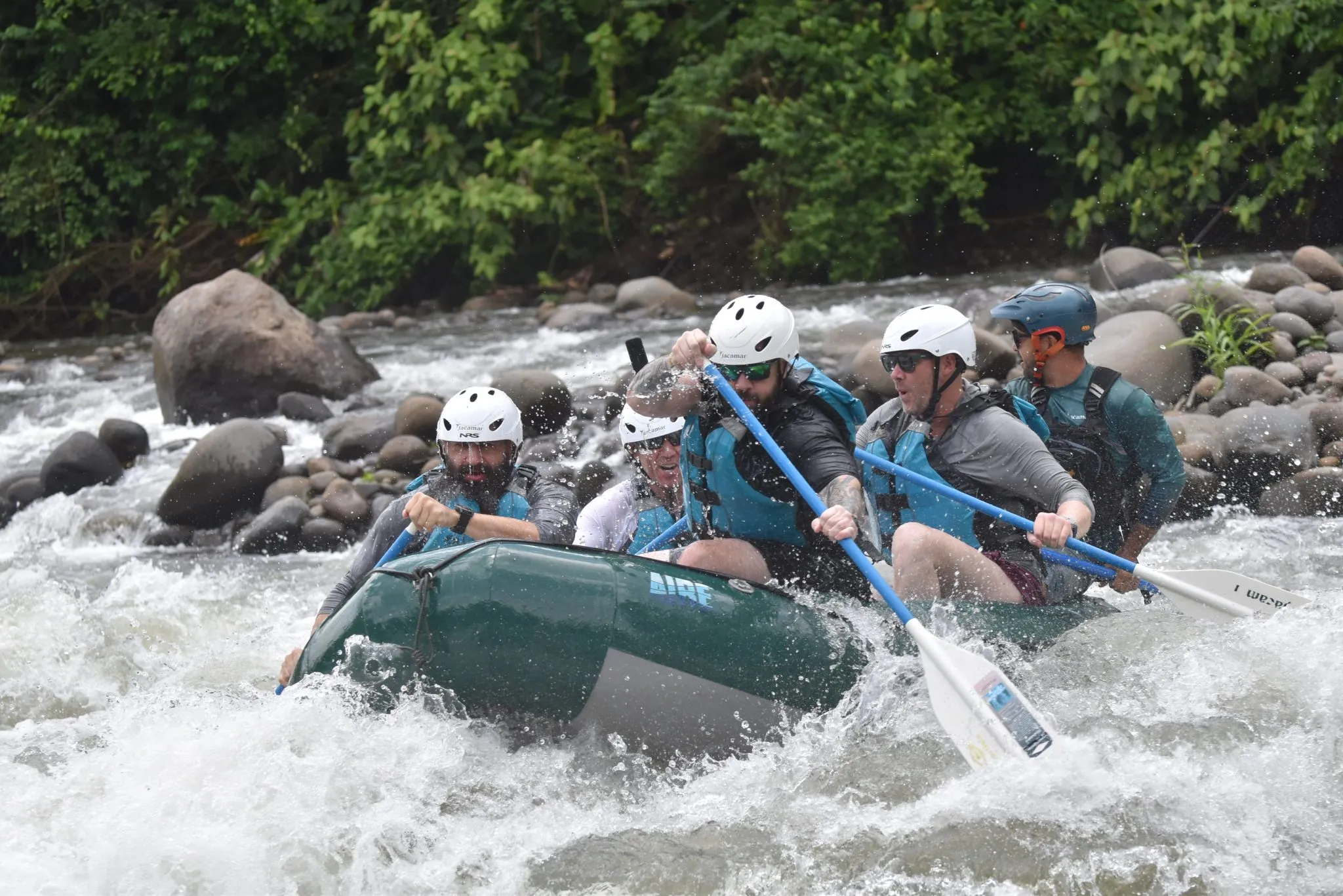 The group in a raft on the Sarapiquí River's whitewater, Costa Rica
